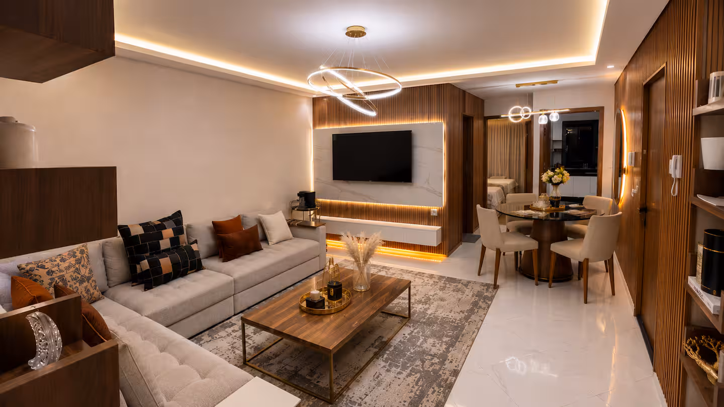 Living room seating with dining area beyond
